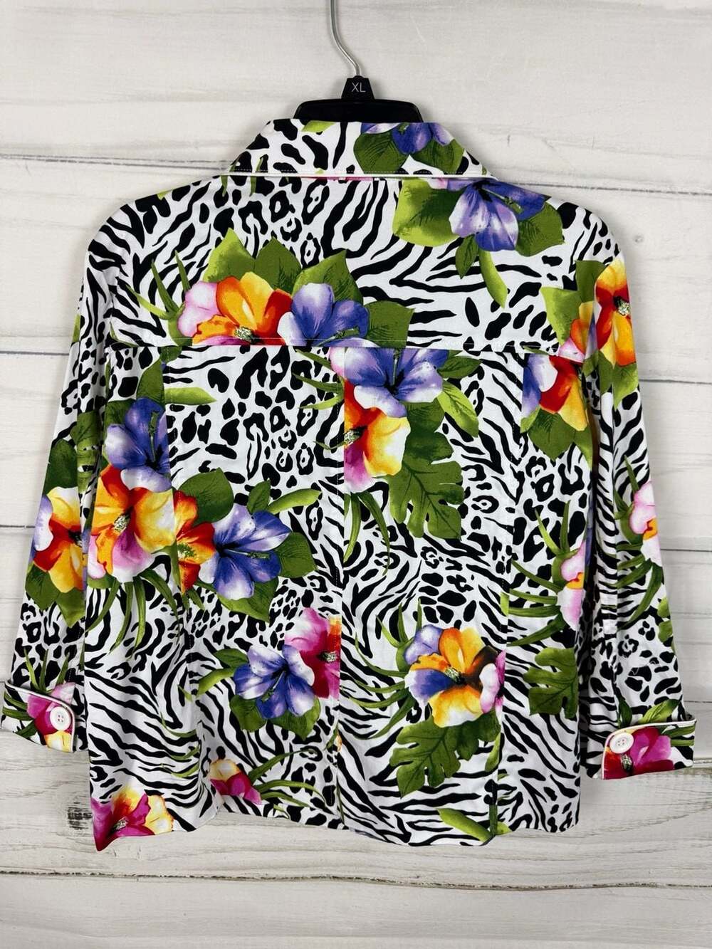 Erin London Animal Print Tropical Floral Button Front Jacket Blouse Size L - Picture 2 of 6